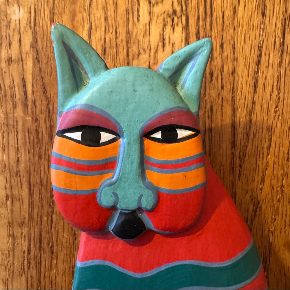 Laurel Burch-Style Hand Painted Wood Cat 5” tall Kitten Decor - Picture 2 of 9